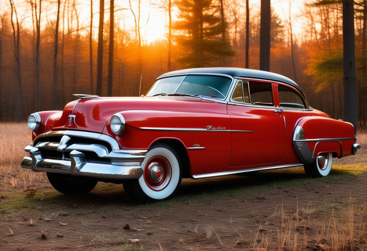 very realistic photograph of a red 1953 Pontiac car parked in a field, in sunset lighting, hardwood forest background, extremely detailed