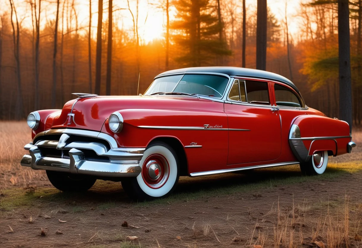 very realistic photograph of a red 1953 Pontiac car parked in a field, in sunset lighting, hardwood forest background, extremely detailed