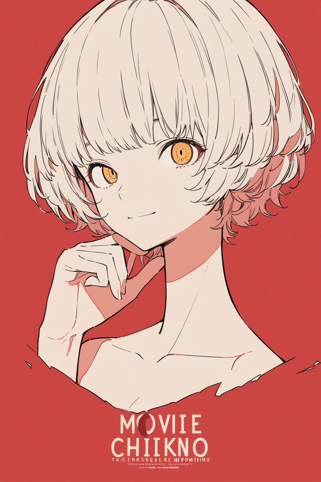 masterpiece, best quality, absurdres, 1girl, solo, momoshiro chiyoko, movie poster, title, black and red theme, detailed eyes, light smile, collarbone, flat color, hand on own chin, <lora:Act-Age-anxl31:0.6>,
