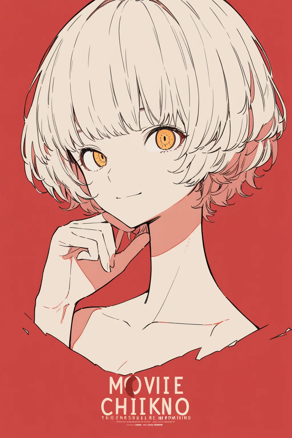 masterpiece, best quality, absurdres, 1girl, solo, momoshiro chiyoko, movie poster, title, black and red theme, detailed eyes, light smile, collarbone, flat color, hand on own chin, <lora:Act-Age-anxl31:0.6>,