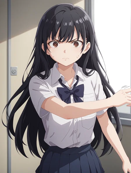 score_9, score_8_up, score_7_up,
1girl,solo,
<lora:gostlapped.pony.v3:0.4> (gostlapped, beenhurt:1.3), open hand,
motion lines,
twisted torso, angry,
<lora:anna-yamada-s2-ponyxl-lora-nochekaiser:0.85> anna yamada, long hair, bangs, black hair, brown eyes, skirt, shirt, school uniform, white shirt, pleated skirt, collared shirt, sweatdrop, blue skirt, pocket, shirt tucked in,
looking at viewer,