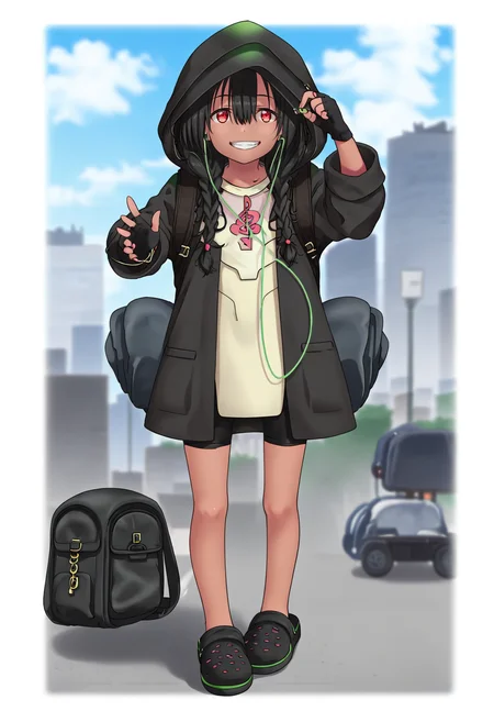 1girl, solo, outdoors, street, Office District, detailed background, cowboy shot, looking at viewer, grin, teeth, open mouth, <lora:Anosillas_pony:1>Anosillas, hood down,
black long hair, red eyes, twin braids, dark-skinned female, hair between eyes,
hood up, bag, shirt, backpack, black fingerless gloves, hoodie, earphones, black bike shorts, coat, hooded jacket, long sleeves, black footwear, crocs,
