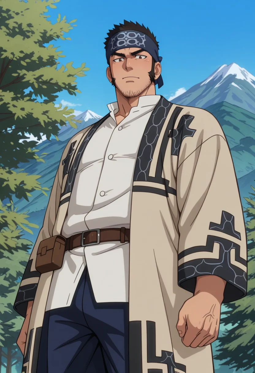 score_9, score_8_up, score_7_up, score_6_up, perfect anatomy, perfect proportions, best quality, masterpiece, high_resolution, high quality, highres, bara, (1boy, solo focus, solo:1.2), mature, masculine, manly, hunk, virile, handsome, charming, alluring, source_anime, anime coloring, Genjirou Tanigaki, GKGenjirou, black hair, short hair, buzzcut, dark brown eyes, thick eyebrows, long sideburns, facial hair, chinstrap stubble, jawline stubble, Genjirou_outfit05, white tunic collar shirt, Ainu robe, Attush robe, open robe, open clothes, Ainu pattern, blue Ainu headband, Matanpushi, dark blue straight trousers, belt pouch, white puttees, outdoor, nature, mountain, standing, cowboy shot, upper body, low angle, from below,