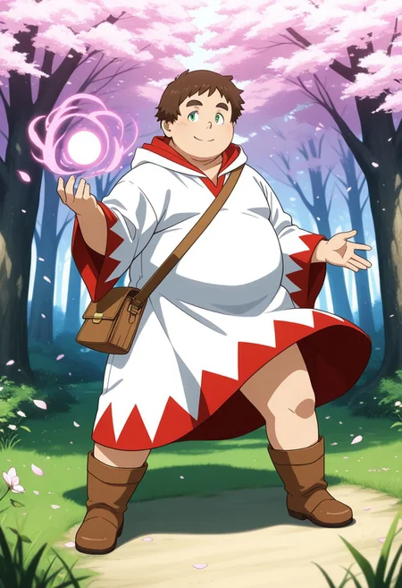 male, male focus, human,
BREAK chubby, masculine, large pectorals, moobs, broad shoulders, showing off chubby body, cherubic, bara,
BREAK fat, plump, brown_short_hair, fat face, round face, smiling and showing off chubby body,
BREAK green eyes,
BREAK v-neck white mage robe with hood down,
BREAK brown boots, brown shoulder bag,
BREAK golden magic, magic swirling around feet, wind_lift,
BREAK standing, dynamic pose, casting magic stance, Expressive, cherry blossoms falling around character, forest background, standing on grass,
BREAK cinematic shot, masterpiece hi res, best quality, very detailed, highly detailed texture, score_9, score_8_up, score_7_up, score_6_up, anime coloring, detailed anime shading, eyeshd, anime eyes, anime hair,