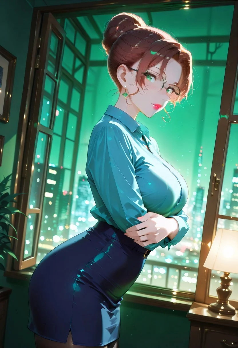masterpiece,best quality,ultra-detailed,very aesthetic,sharp focus,depth of field,vibrant colors,ray tracing,best lighting,detailed illustration,detailed background,cinematic,beautiful face,beautiful eyes, solo, 1girl, kisaki eri, glasses, hair bun, single hair bun, brown hair, earrings, jewelry, lipstick, case closed, dark blue skirt, dark blue suit, blue shirt, (black pantyhose), (blurry background, depth of field:1.1), (green, green theme:1.3), looking at viewer, arms crossed, from side, dutch angle, night, open window, indoors, wind,