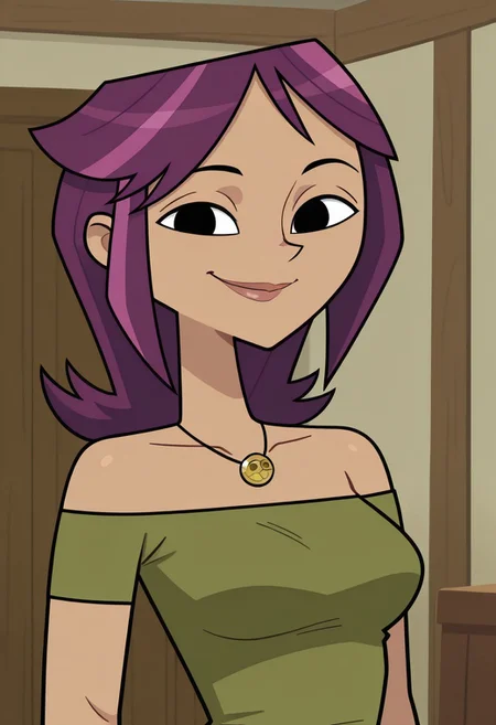 masterpiece,best quality,amazing quality, 1girl, solo, RosaMaria_DC_IL, tan skin, lips, black eyes, purple hair, pink streaks, shoulder length hair, bangs, golden pendant, pesto green top, looking at viewer, indoors, room background, (portrait) smile, standing, no pupils