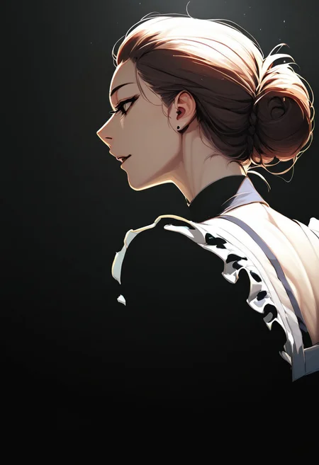 score_9, score_8_up, score_8, 
1girl, solo, female, woman
maid, french maid, backlit, massy hairbun, 
blend_in. black background,