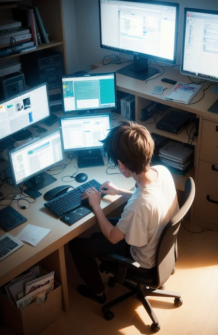 a nerdy boy is programming at a computer in a room full of gadgets, by makoto shinkai and ghibli studio, dramatic lighting, highly detailed, incredible quality