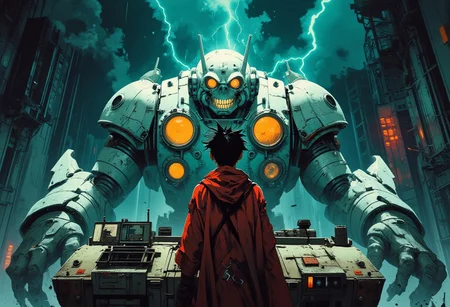 anime, A digital illustration of a boy in a red cloak standing on top of a military vehicle, looking up at a large, mecha ghostly, menacing monster looming behind him. The boy has spiky black hair and is facing away from the viewer, with his back to the viewer. The monster machine has glowing fire eyes, a creepy smile and its white, cyan_blue and turquoise. The background is a stormy sky with dark clouds, rain, lightning and thunder and the scene is set in a post-apocalyptic world. The style is reminiscent of comic book art, with a focus on dramatic lighting and detailed textures.