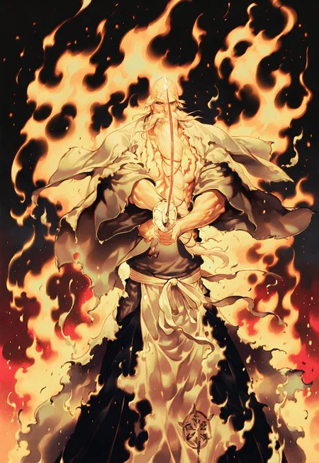 masterpiece, best quality, amazing quality, volumetric lighting, , semi realistic,
, gradient colors, dark background, burning background , melting sword, lava
1 man, solo, long beard, bald
let's dance, holding weapon, katana, holding katana, 1boy, captain yamamoto, bleach, captain yamamoto, bleach