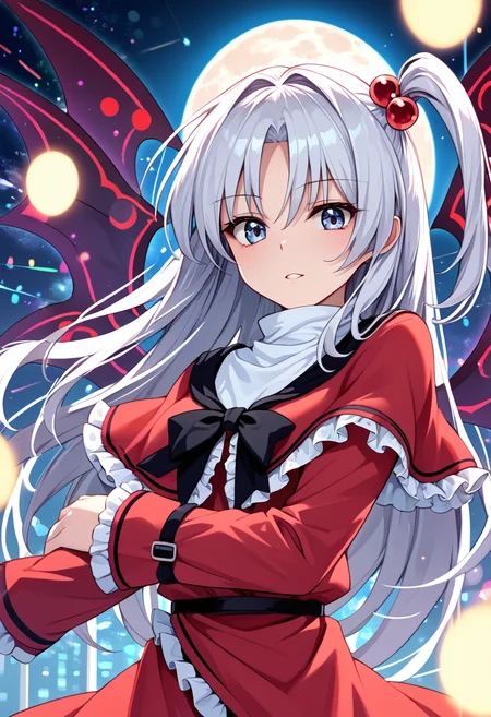 score_9_up, score_8_up, score_7_up, BREAK source_anime, (masterpiece), (best quality), 1girl, shinki (touhou), black wings, hair bobbles, hair ornament, white hair, one side up, long hair, dress, multiple wings, red capelet, looking at viewer, no emotions, closeup upper body, (ultra detailed), shine, moon, danmaku, laser from wings, colorful lights, (from front:0.6), <lora:Shinki_touhou(PC-98)-V1:1>