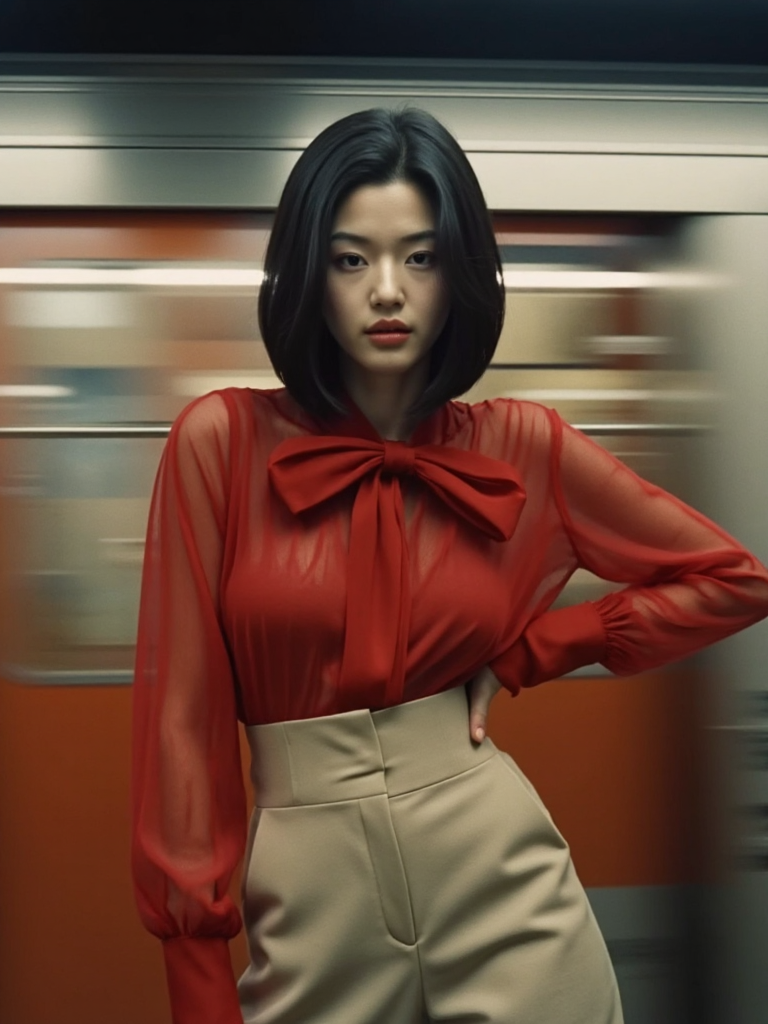 There are wonderful studio lights and various reflections,
18yo beautiful cute girl with blushing and female orgasm.skin naturally showing the texture of blood vessels and detailed pale skin,
--,
<lora:Gianna_Jun_f1a:0.9>,she is Gianna Jun,a beautiful korean actress., A fashion editorial set in a subway station featuring an elegant Asian model. The model has sleek, straight black hair and is dressed in a high-fashion outfit, consisting of a sheer, flowing red blouse tied with an oversized bow, paired with tailored, high-waisted beige shorts. She stands confidently in the foreground as a train rushes by in a blur of motion, creating a dynamic backdrop. The setting is urban, with moody, cinematic lighting that enhances the modern, sophisticated vibe. The modelâs pose is bold and captivating, perfectly blending grace and strength as she gazes intensely towards the camera. The overall composition merges high fashion with an urban, fast-paced environment, creating a striking, visually engaging scene.,