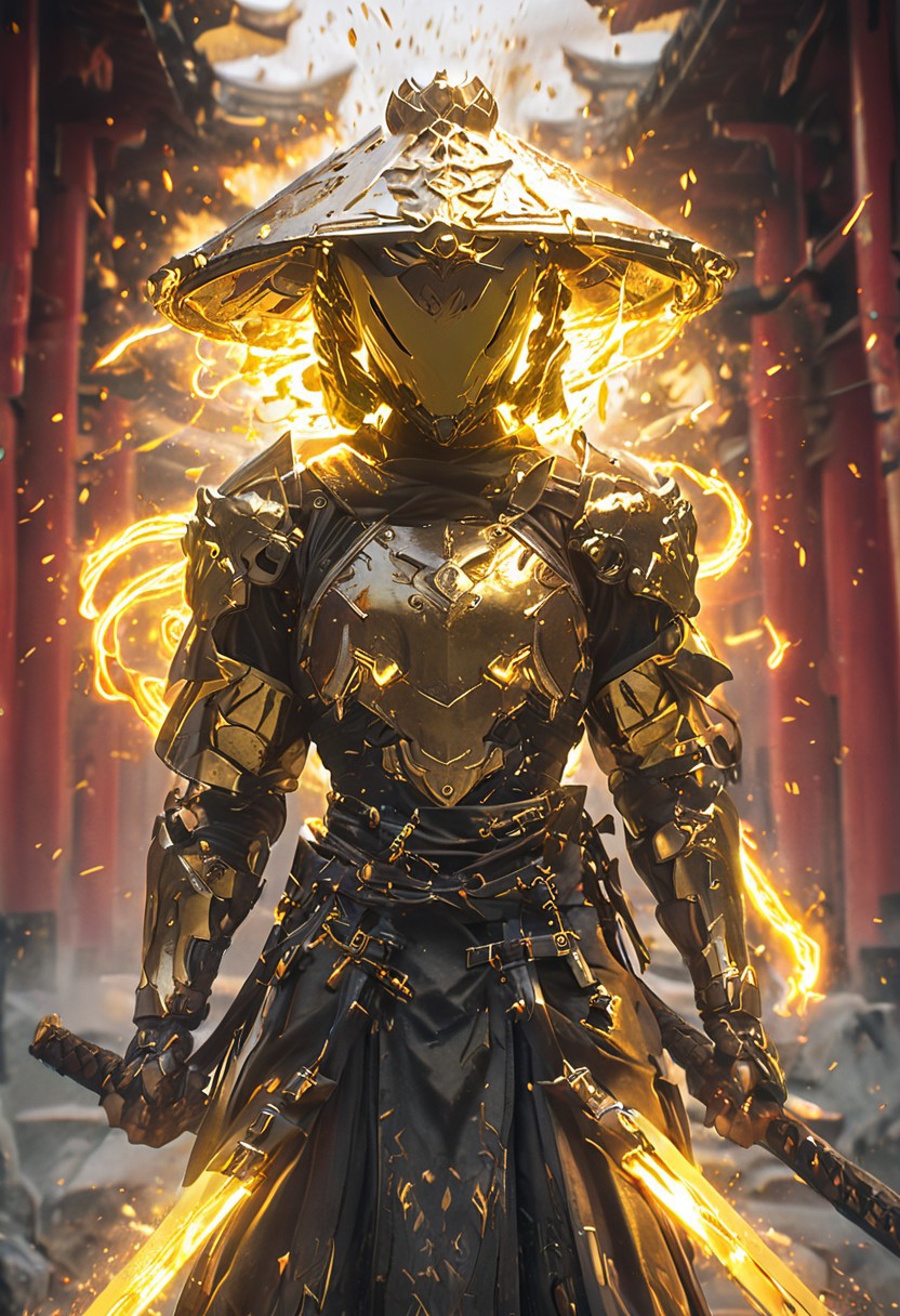 1man, Cyborg Samuraii in golden samurai armor, wearing samurai helmet and armor,  golden fire, wielding dual swords:1.2, brave perspective, reflection, glowing golden fire, golden lightning shatter, , glowing sword, motion blur, emphasis line, outdoor in the darkness, looking at viewer, katanas