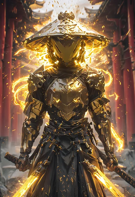 1man, Cyborg Samuraii in golden samurai armor, wearing samurai helmet and armor, golden fire, wielding dual swords:1.2, brave perspective, reflection, glowing golden fire, golden lightning shatter, , glowing sword, motion blur, emphasis line, outdoor in the darkness, looking at viewer, katanas
