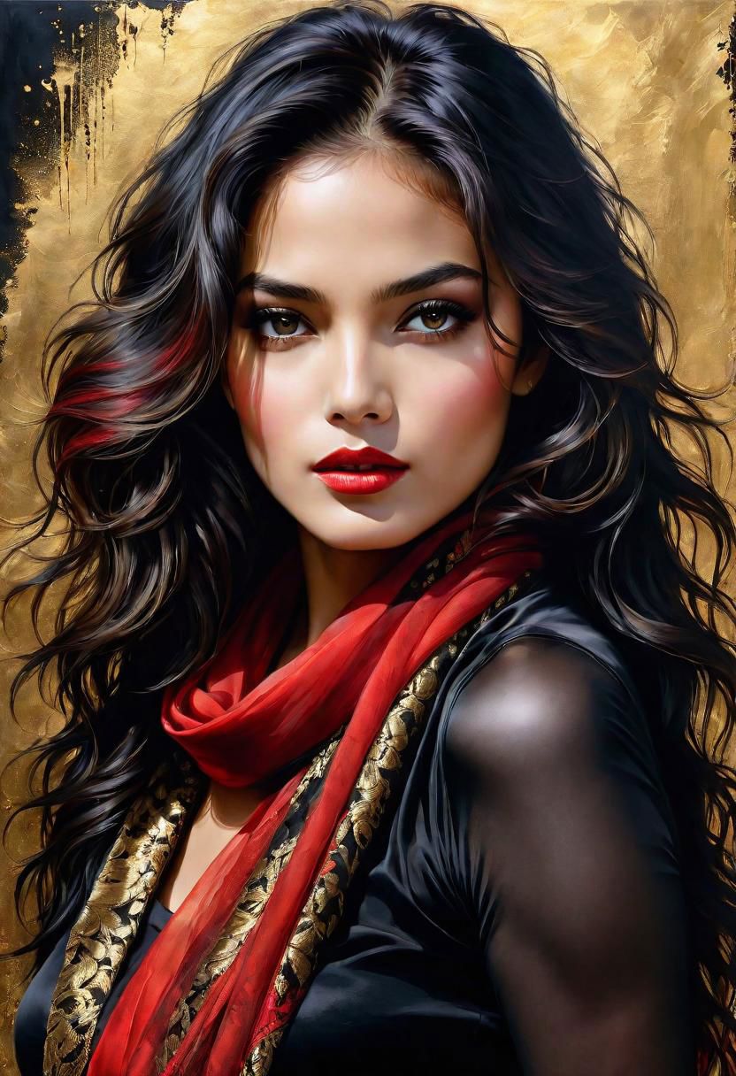 mj, cinematic, masterpiece, half body breathtaking portrait of a gorgeous girl, sultry, red scarf, dark gold and black, gossamer fabrics, jagged edges, eye-catching detail, insanely intricate, vibrant light and shadow , beauty, paintings on panel, textured background, captivating, stencil art, style of oil painting, modern ink, watercolor , brush strokes, negative white space 4k, Bob Peak, AI Midjourney, bright saturated colors, watercolor, oil paints, HDR, 500px, 4k,