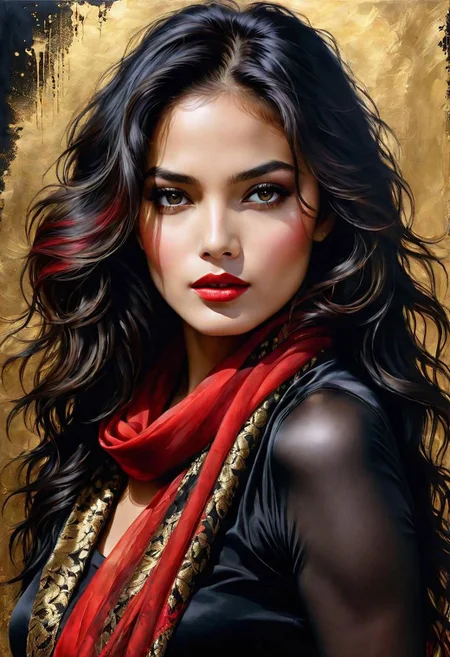 mj, cinematic, masterpiece, half body breathtaking portrait of a gorgeous girl, sultry, red scarf, dark gold and black, gossamer fabrics, jagged edges, eye-catching detail, insanely intricate, vibrant light and shadow , beauty, paintings on panel, textured background, captivating, stencil art, style of oil painting, modern ink, watercolor , brush strokes, negative white space 4k, Bob Peak, AI Midjourney, bright saturated colors, watercolor, oil paints, HDR, 500px, 4k,