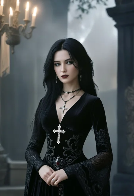 (amazing transcendental's dream:3.5) The photo depicts a powerful gothic sorceress, her face partially hidden by her elegantly adorned hand. She has pale, slender fingers, on which several silver magical rings, set with dark gemstones like onyx and amethyst, glimmer. Her hand is decorated with mysterious tattoos that seem to pulse with a dark energy.She wears a gothic ensemble, a black velvet dress richly embroidered with occult patterns. Her long black hair frames her pale face, and her eyes, accentuated with dark makeup, shine with an intense light. Large silver necklaces, with pendants shaped like crosses and ancient symbols, rest on her chest. The background is misty, with shadows dancing around her, enhancing the mystical and sinister atmosphere of the scene,  (maximum ultra high definition image quality and rendering:3), maximum image detail, maximum realistic render, (((ultra realist style))), realist side lighting, , 8K high definition,  realist soft lighting, (amazing special effect:3.5), BadDream, epiCPhoto, Hyperrealism style, Film Grain style, Jed-rbt, TWbabeXL01