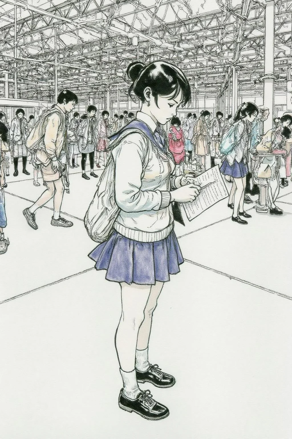 kj9 illustration.
Profile of a high school student in uniform, white socks and black shoes, standing in the middle of a train station, holding two acceptance letters--one for a local college and the other for an overseas university. The station is bustling with people moving in every direction, while she stands still, eyes closed, taking a deep breath as she tries to decide which future to follow. <lora:kj91_cap_d6a3e12:1.0><lora:819911490472535734:0>