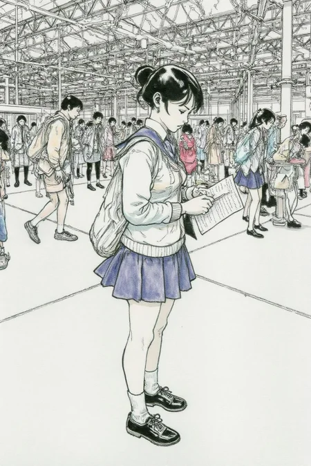 kj9 illustration.
Profile of a high school student in uniform, white socks and black shoes, standing in the middle of a train station, holding two acceptance letters--one for a local college and the other for an overseas university. The station is bustling with people moving in every direction, while she stands still, eyes closed, taking a deep breath as she tries to decide which future to follow. <lora:kj91_cap_d6a3e12:1.0><lora:819911490472535734:0>