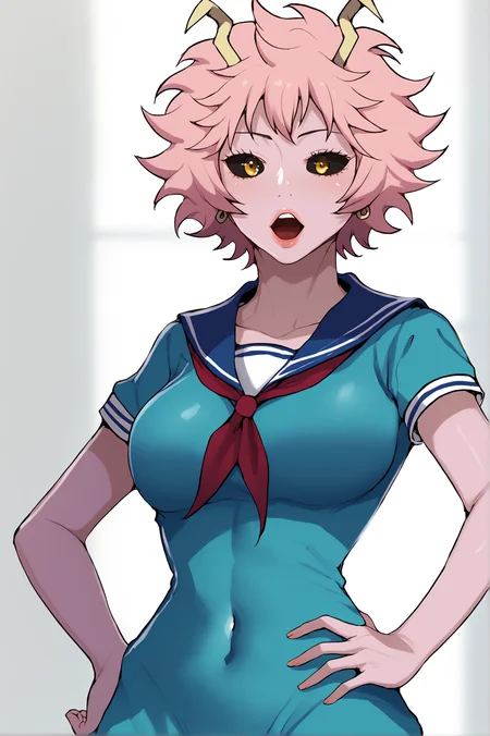 <lora:XL_STYLE_SC:1> scdef, ashido mina, pink hair, yellow eyes, curly hair, horns,
simple background, white background, 1girl, breasts, covered navel, open mouth, short sleeves, sailor collar, solo, blue sailor dress, collarbone, stud earrings, earrings, hand on hip, jewelry, neckerchief, score_9,score_8_up,score_7_up, detailed face, source_anime