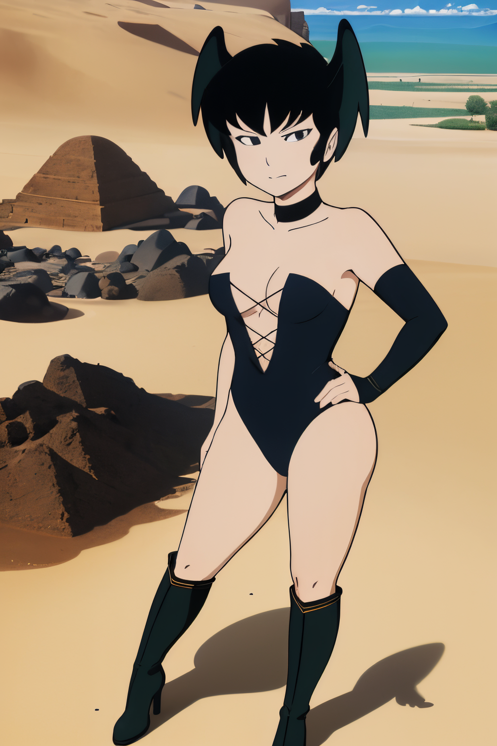 (Realistic:1.5) full body shot, looking at viewer, short hair, black hair, medium breasts, closed mouth, collarbone, long black boots, indoors, black eyes, strapless, frown, black choker, head wings, wristband, black leotard, strapless leotard, A vast, mysterious desert filled with buried treasures and hidden tombs.,<lora:EdobUruseiYatsuraKurama_v1.0:0.8>