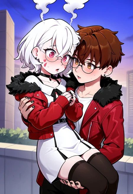 IllustriousQual <lora:StS-Illustrious-Detail-Slider-v1.0:2> <lora:cfg_scale_boost:0.3>,detailed_background,outdoors,highres,blush,round eyewear,head steam,earrings,long sleeves,hair between eyes,1girl,collarbone,white hair,zettai ryouiki,seizou hidzuke,dress,carrying,black nails,white dress,ayase momo,brown eyes,open clothes,absurdres,crossed bangs,white shirt,fur-trimmed jacket,facial mark,own hands together,shirt,black thighhighs,jewelry,short hair,open jacket,sweatdrop,1boy,black choker,official alternate costume,dandadan,alternate form,takakura ken \(dandadan\),transformation,choker,jacket,red jacket,parted lips,@ @,fur trim,glasses,red eyes,thighhighs,princess carry,hair behind ear,brown hair,sleeves past wrists