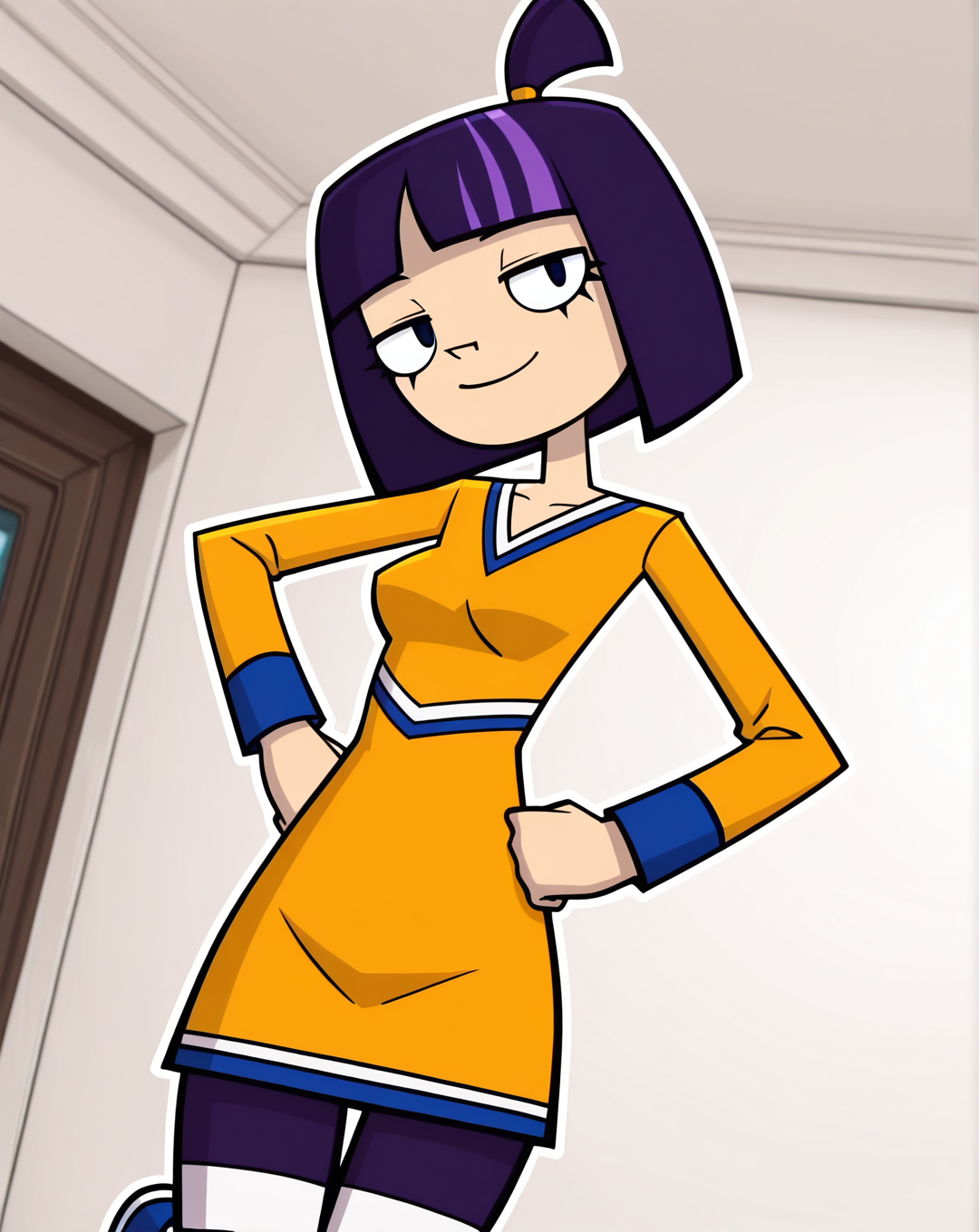masterpiece, best quality, amazing quality, very aesthetic, absurdres, newest, solo,  Theresa_FowlerZYN, , 1girl, solo, (purple hair, short hair, multicolored hair, small ponytail, team uniform, long sleeve dress, striped leggings, blue shoes), cowboy shot, looking at viewer, beautiful, ((beautiful face, beautiful eyes)), Breasts, Wide Hips, Big thighs, standing,(smile, dutch angle, Hands on hips,naughty pose, looking at viewer, indoors, elegant room, solo, dynamic pose, full_body, head tilt,),((white background, White frame, white outline))