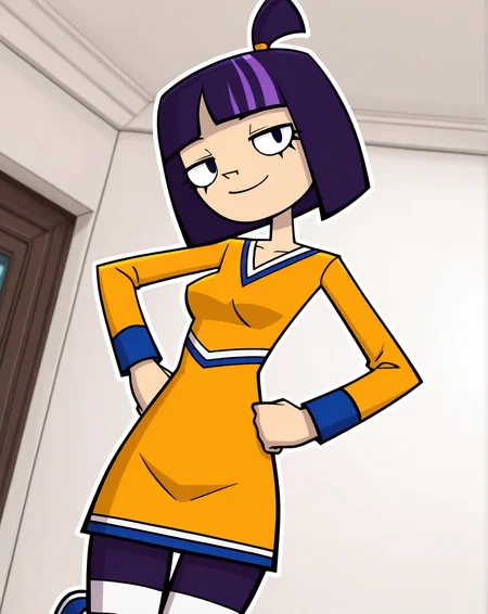 masterpiece, best quality, amazing quality, very aesthetic, absurdres, newest, solo, Theresa_FowlerZYN, , 1girl, solo, (purple hair, short hair, multicolored hair, small ponytail, team uniform, long sleeve dress, striped leggings, blue shoes), cowboy shot, looking at viewer, beautiful, ((beautiful face, beautiful eyes)), Breasts, Wide Hips, Big thighs, standing,(smile, dutch angle, Hands on hips,naughty pose, looking at viewer, indoors, elegant room, solo, dynamic pose, full_body, head tilt,),((white background, White frame, white outline))