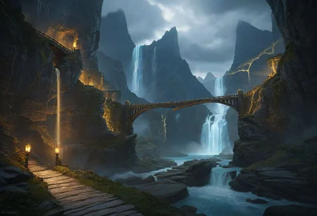 masterpiece, best quality, ultra detailed, professional light, cinematic lighting, ambient lighting, atmospheric effects, epic landscape, high fantasy, waterfall, mountains, cliff, bridge, Kintsugi style path, clouds