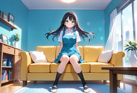 masterpiece, best quality,amazing quality,(1girl), solo,(depth of field),(solo focus),8K,HDR,(ultra high res),(highres),(full body),(lens flare),smile,blush,(black hair),(long hair),(aqua eyes),(floating hair), sidelocks,(malaysian secondary school uniform),(pinafore dress),(aqua blue skirt),(blue pinafore),(collared shirt),(white shirt),(short sleeves),(black socks),(short socks),(white footwear),(ballet flat),(indoors),(curtain),(room),(carpet),(couch),(vase),(window),(shelf),(table),(sitting on couch),(looking at viewer),