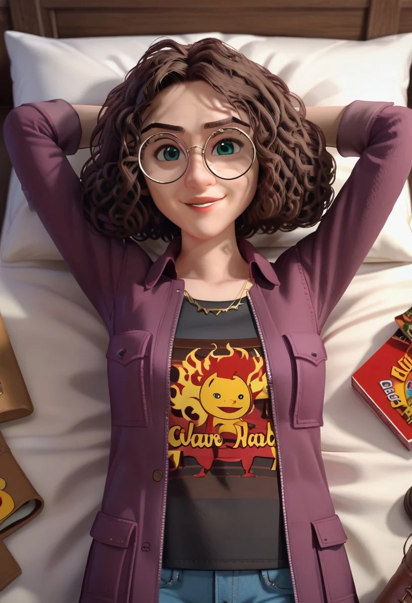 score_9, 1girl, Solo, Tara_HI, light skin, green eyes, round glasses, dark brown eyebrows, dark brown hair, short hair, voluminous curly hair, pink lips, purple jacket, black t-shirt with print, blue skinny jeans, brown boots, bracelet, gold necklace, on back, smile, arms behind head, looking at viewer, bed