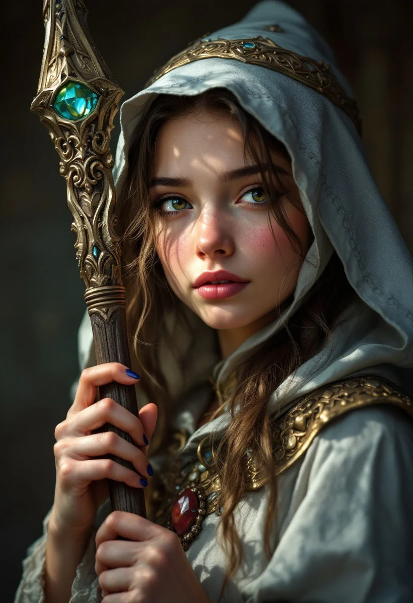 ultra realistic portrait of a fantasy RPG wizard holding a staff, digital painting by Jeremiah Ketner and Charlie Bowater and Stanley Artgerm and Thomas Saliot and J. Scott Campbell, shallow depth of field, light and shadows on face, incredibly detailed, cute girl, blushing