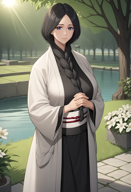 score_9, score_8_up, score_7_up, source_anime BREAK 1girl, solo, cowboy shot, looking at viewer,
<lora:Unohana_RetsuDwnstyv2:1.1>, unohana_def, blue eyes, braid, hair over shoulder, hair between breasts, long hair, black hair, black kimono dress, white coat, white obi,
large breasts, light smile, skindentation, own hands together,
outdoors, garden, stone floor, grass, flower, tree, lake, sunlight,