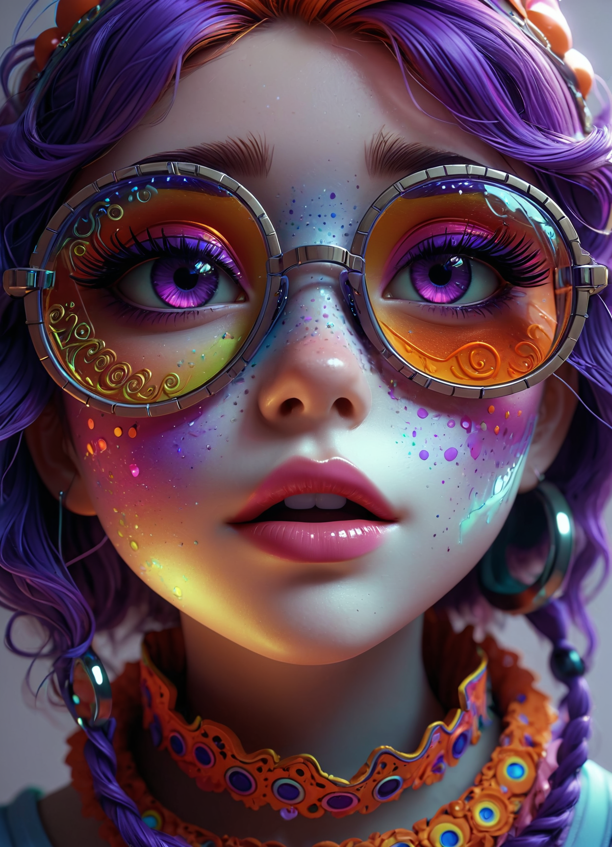 kawaii style Ombre color scheme of neon blue, neon pink, neon yellow, neon green, neon orange, Caricature, cartoon girl with glasses, in the style of natalie shau, junya watanabe, bill gekas, exquisite detail, psychedelic manga, 8k 3d <lora:sss:0.8> <lora:envyStarlight_v10:0.8> <lora:Cute_3D_Cartoon:0.25>, subsurface scattering, Photorealistic, Hyperrealistic, analog style, realistic, film photography, soft lighting, heavy shadow, exaggerated, comical, caricature  . cute, adorable, brightly colored, cheerful, anime influence, highly detailed