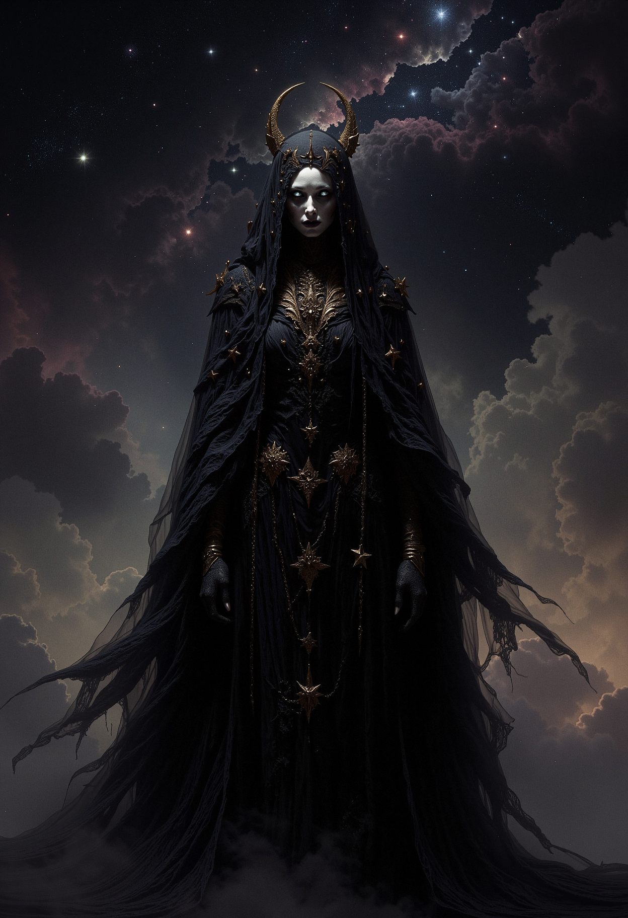 A mysterious female figure with pale white skin and no visible eyebrows. Her eyes are hidden behind a black lace veil adorned with gold stars of varying sizes. Her long, wavy black hair frames her face and falls down her shoulders. Her lips are full, painted a soft matte white. She is dressed in a layered, intricately detailed black gown decorated with tiny golden stars and delicate chains. The image captures her from the front, focusing on the upper half of her body. A vast, starry sky with swirling nebulas and distant galaxies. The background is filled with soft hues of deep blue, purple, and black, with stars glimmering faintly in the distance. The ethereal light from the stars softly illuminates the figure, adding a cosmic and otherworldly atmosphere. The scene feels endless and vast, as if the figure is standing in the middle of space.   <lora:dark_fantasy_flux:0.83> <lora:FredFraiStyle-FLUX-Share:0.63> <lora:sxz-Dark-Fantasy-v2-Flux:0.33> drkfnts style, <lora:flux.1_lora_flyway_Epic-Characters_v1:0.33>