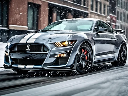 a closeup photo of mstgsgt500 car driving in the snow in the city, snowing, hdr, 8k, ultra high-res, movie picture frame<lora:mstgsgt500_car_t02_SDXL-000010:0.7>