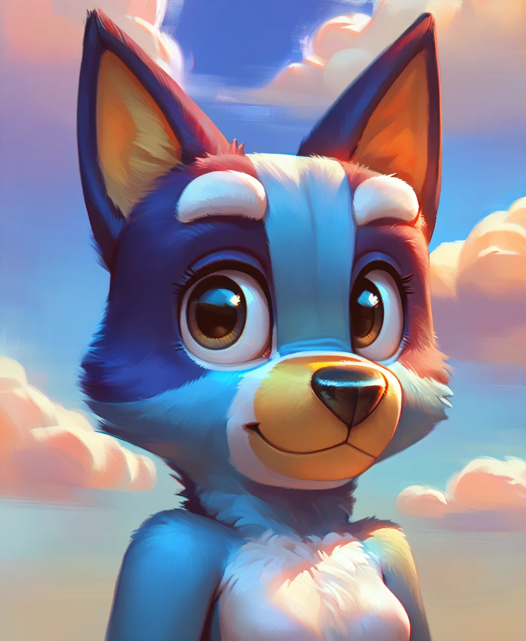 score_9, score_8_up, score_8, 1girl, <lora:blueyxl:0.94>, source_cartoon, source_furry, blueyxl, bluey heeler, (boxchibi:0.4), 18 year old girl, cowboy shot, anthro, furry, tail, blue body, animal ears, flat shaded background, sky, day, cloud, blue sky, femanine, beautiful face, face focus, headshot, portrait, head focus, petite, detailed fur texture, <lora:incase---1:0.5>, looking at viewer, dynamic angle, dynamic pose, small breasts