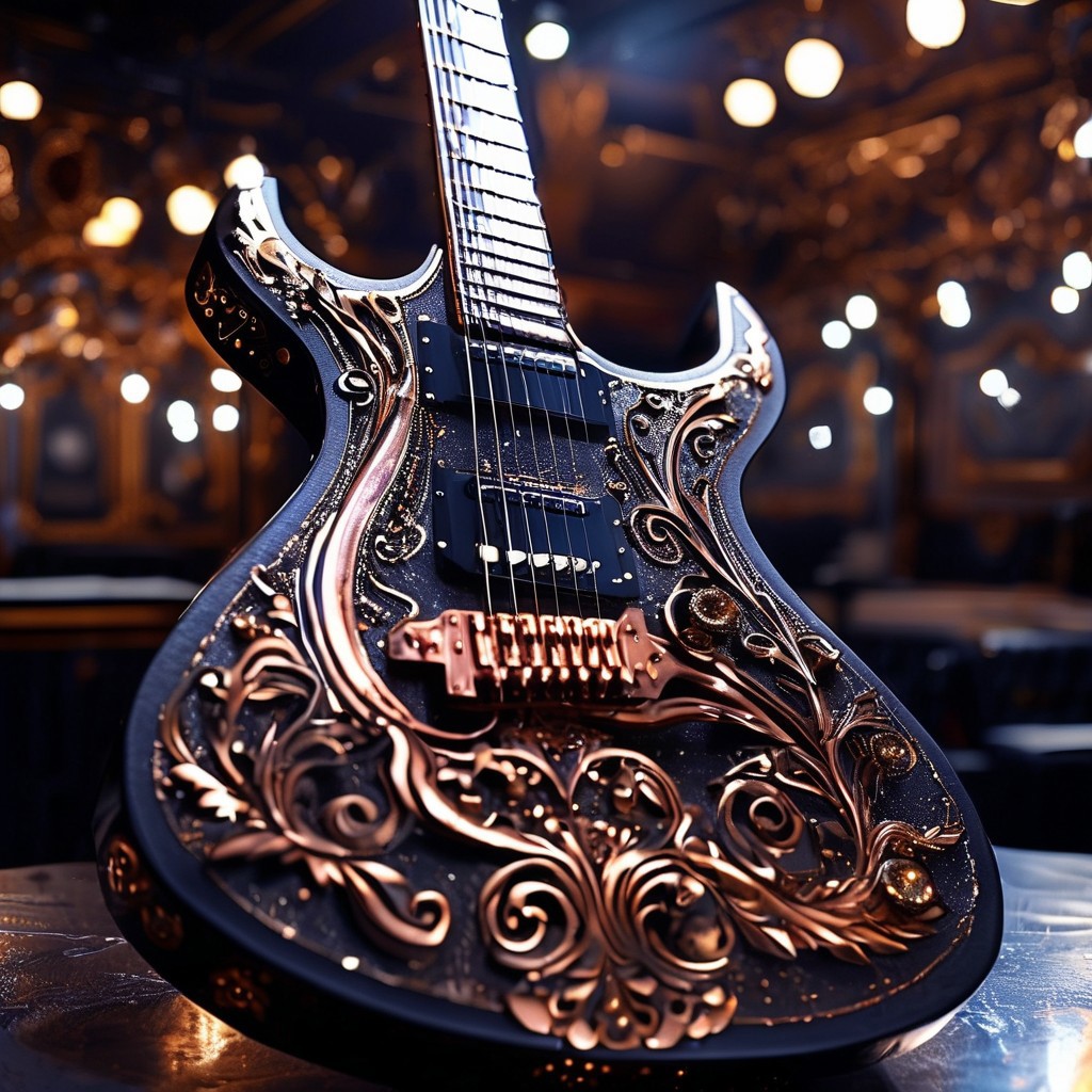 RAW photo of a very detailed guitar with whimsical elements, dark studio, magical glowing podium, reflective enviroment, spot lights, fantasy style, black and gold colors, big white diamonds on the guitar, dusty black theme, intricate details, ultra sharp, exquisite detail, flawless composition, vivid colors, masterpiece, exciting background,  timeless elegant and Exquisite Copper Ornaments