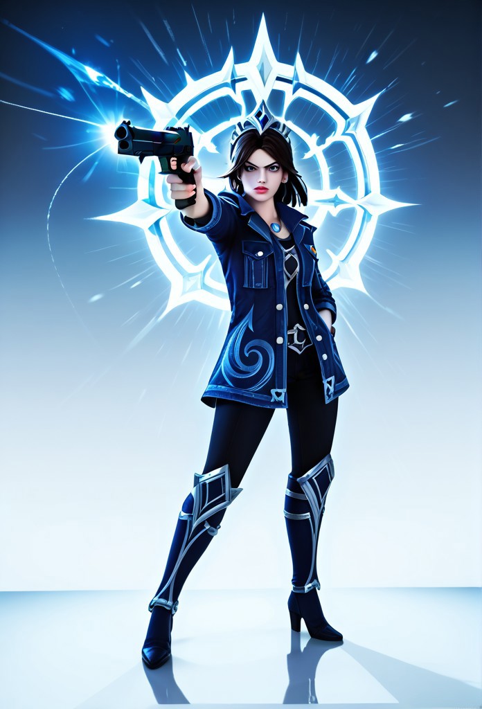 (1girl, solo, , , league of legends style, Technoblade, holding weapon, holding gun, handgun, hand in pocket, aiming, full body:1.3), a elegiac sprite, by Picasso Pablo, line art, masterpiece, best quality, high res, illustration, extremely detailed, 8k, wallpaper,zPDXL3,SimplePositiveXLv2