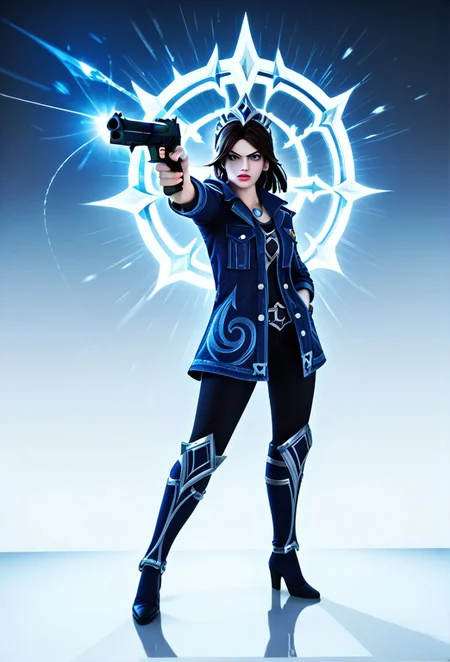 (1girl, solo, , , league of legends style, Technoblade, holding weapon, holding gun, handgun, hand in pocket, aiming, full body:1.3), a elegiac sprite, by Picasso Pablo, line art, masterpiece, best quality, high res, illustration, extremely detailed, 8k, wallpaper,zPDXL3,SimplePositiveXLv2