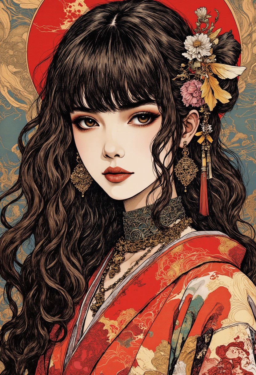 in the style of cksc, closeup portrait of Japanese shrine maiden, long loose hair, bangs, earrings, necklaces, red and blue yukata, dark eyeshadow, red lips