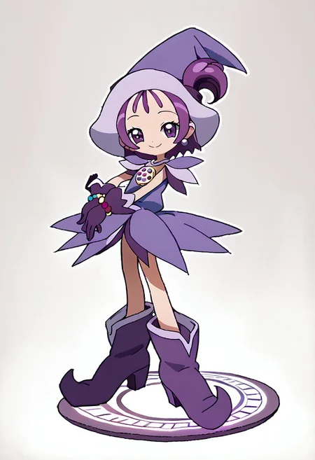score_9, score_8_up, score_7_up BREAK Onpu2, 1girl, purple hair, bob cut, ponytail, purple eyes, purple witch hat, dark purple hat band, layered short-sleeve purple dress, rainbow pearl circle chest badge, purple white gloves, purple white boots, rainbow pearl bracelet, smiling at viewer, full body,