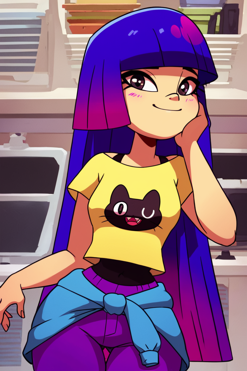 score_9, score_8_up, score_8, medium breasts, (curvy), cute, eyelashes,       BREAK, ,  ,,, zzMiko, long hair, purple hair, blunt bangs, multicolored hair, yellow shirt, short sleeves, t-shirt, print shirt, off shoulder, animal print, jewelry, purple pants, blue jacket around waist,  <lora:MikoKubota_PDXL_v2:0.8>,  ,,,  , BREAK, smile, looking at viewer, cowboy shot, ,,, embedding:zPDXL, <lora:DiivesP1:0.7>,