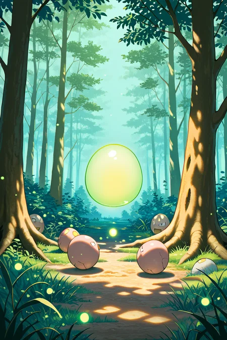 masterpiece, best quality,  zzExeggcute, no humans,   <lora:ExeggcutePokedexIXL:1.0>,  scattered under a large tree, lush forest background, glowing fireflies in the air, soft dappled sunlight, peaceful and whimsical, vibrant colors, detailed and serene