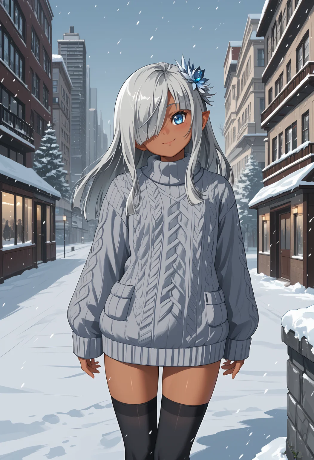 score_9, score_7_up, lunatk, dark elf, standing, dark-skinned female, grey hair, long hair, hair over one eye, blue eyes, hair ornament, sweater, thighhighs, winter, outdoors, snow, smile, snowing, city,
<segment:yolo-AnzhcFaceseg640v2y8n.pt,0.3,0.3>