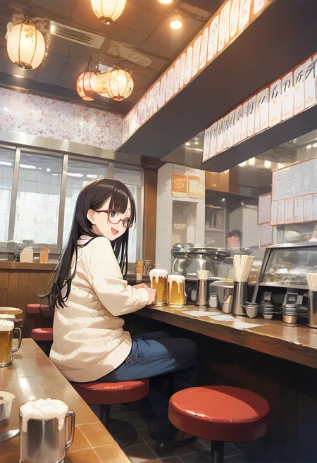 score_9, score_8_up, score_7_up, rating_safe, masterpiece, best quality, absurdres, unity 8k wallpaper, official art, official style, source_anime, game cg, megami magazine,
1girl, solo, glasses, black hair, long hair, white ribbed sweater, jeans, bag, happy, smile, looking at another, open mouth, solo focus, sitting, beer mug, from behind,
sakaba, indoors, tiles, chair, tile floor, ceiling light, table, window, cup, sitting, solo, japanese architecture, japan, counter
<lora:taisyu_sakaba_indoors1_pony_V2:1>