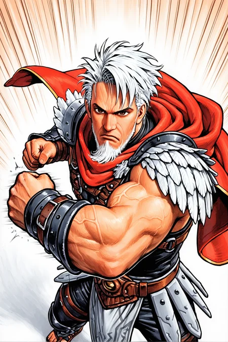 masterpiece, best quality, amazing quality, GENHERAC, cyb88, traditional media, 1boy, male focus, old, old man, solo, white hair, sideswept hair, sideswept beard, brown eyes, muscular, veiny arms, yellow trimmed red cape, feathered pauldrons, sleeveless black shirt, black shorts, brown body harness, brown belt, brown belt buckle, grey pelvic curtain, ((grey pteruges)), black vambraces, black greaves, sandals, upper body, looking at viewer, from above, incoming punch, serious, motion lines, impact lines, simple background