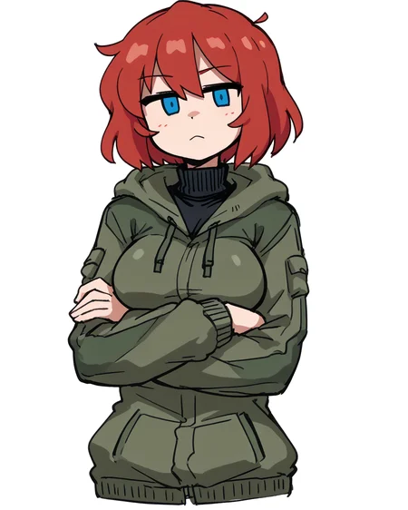 flat colors, sketch, <lora:[PonyXL] ACgats (Cumcreature):1.1>, <lora:[PonyXL] Ayesha Drachev v0.22 (SomeSloppyBoi):0.85> 1girl, solo, ayesha, red hair, short hair, blue eyes, mob face, large breasts, green hoodie jacket, black turtleneck, standing, crossed arms, looking at viewer,