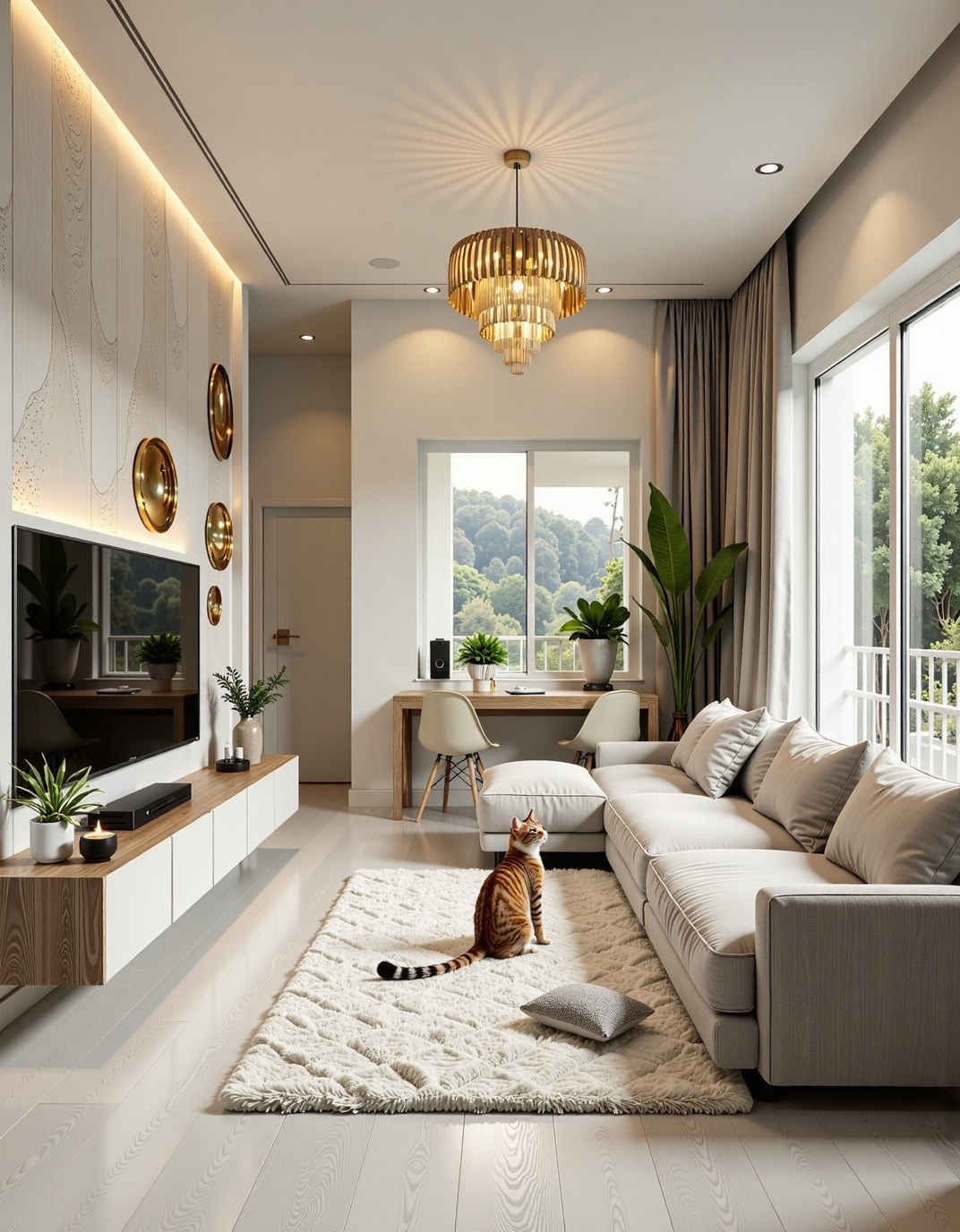 A photo of a cozy and stylish living room in a 30 sq.m studio apartment, designed in modern minimalism with personality and warmth. Light grey porcelain tile flooring with white wood texture, white soft rug in the center. A comfortable light-grey sofa against the far wall (opposite the window), floating TV console on the left wall under a flat-screen TV. the wall behind the TV has a stylish design solution with decorative inserts  imitation of natural stone, highlighting the TV area in a special way. beautiful lighting and chandelier.
One large window on the right side lets in natural soft daylight. The walls are painted light beige with a textured plaster finish. Add warm indirect lighting, a few green indoor plants, and artistic decor with soul — like handmade art or a personal photo. No yellow tint, keep colors neutral and soft. Include a real-looking playful cat on the rug or sofa, not stylized. The space should feel peaceful, lived-in, and personal — not like a showroom.warm and dreamy space. The overall decor combines modern and classic elements, creating a serene atmosphere.    <lora:CTAI-house in the rock:1> CTAI-house in the rock interior <lora:fluxenhancer:0.6>