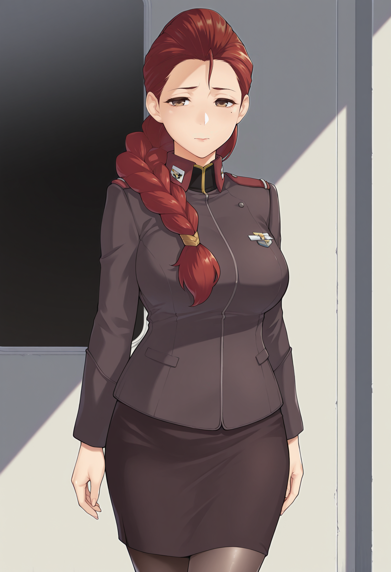 1girl,solo,mm,mature female,mole under eye,braid,braided ponytail,hair over shoulder,red hair,brown eyes,
uniform,military uniform,skirt,pantyhose,
,masterpiece,best quality,amazing quality,<lora:Frederica_Herme-Gundam_Valpurgis:0.8>